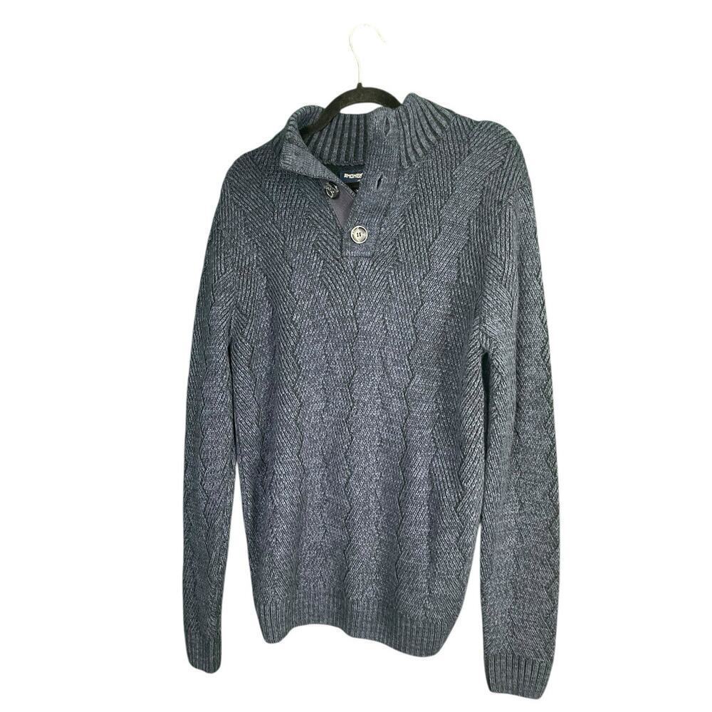 Amongst Others Pullover Sweater Mens L* Navy Blue Mock Neck Button Cable Knit